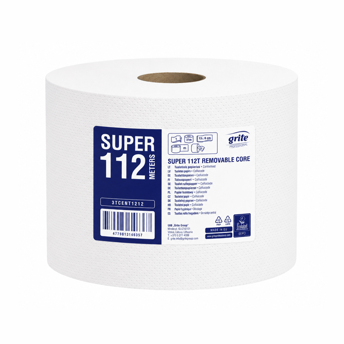 GRITE PROFESSIONAL Tualetinis popierius Super 112T, traukiamas iš centro, 2 sl., 112 m, celiuliozė, 12 vnt.