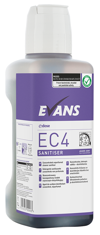 EVANS EC4 Stipriai koncentruota plovimo-dezinfekavimo priemonė, 1 L, violetinis