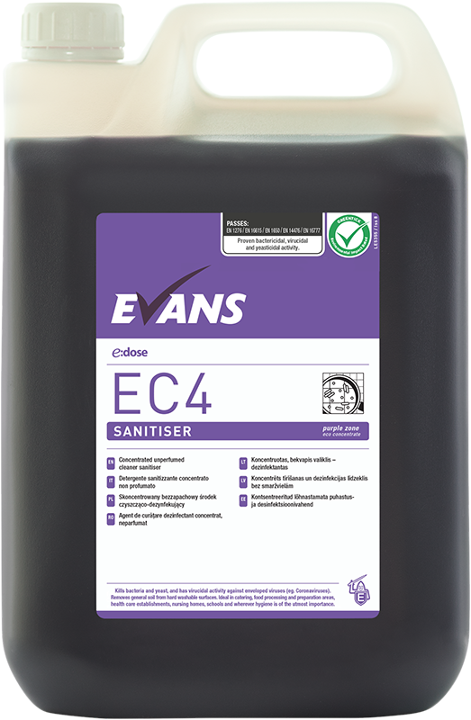 EVANS EC4 Stipriai koncentruota plovimo-dezinfekavimo priemonė, 5 L, violetinis