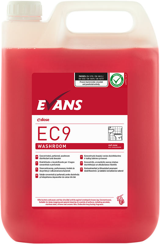 EVANS EC9 Stipriai koncentruotas baktericidinis valiklis ir nukalkinimo priemonė sanitarinėms patalpoms, 5 L, raudonas